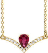 14K Gold Pear Natural Ruby Accented V Necklace - Yellow Gold