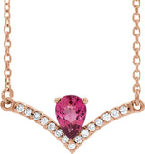 14K Gold Pear Natural Pink Tourmaline Accented V Necklace - Rose Gold