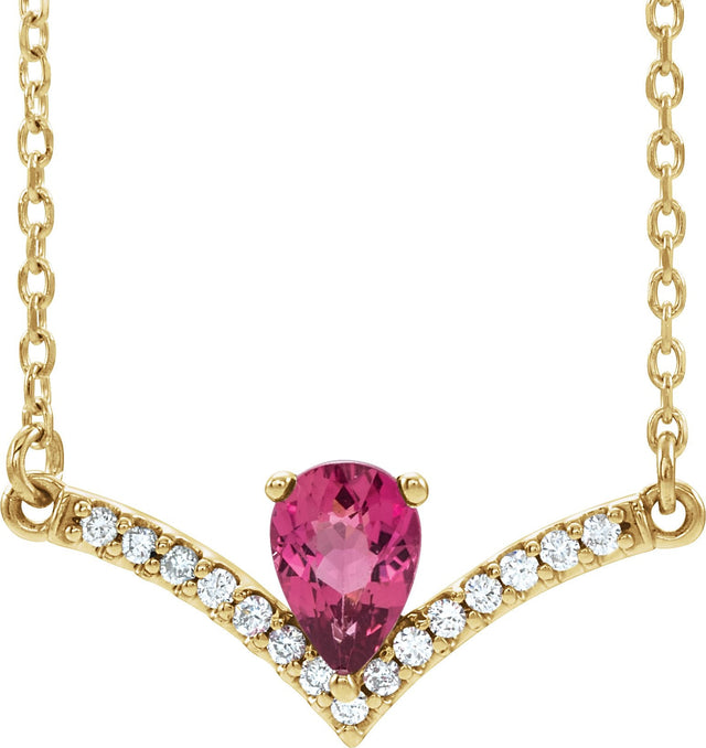 14K Gold Pear Natural Pink Tourmaline Accented V Necklace - Yellow Gold