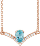 14K Gold Pear Natural Blue Zircon Accented V Necklace - Rose Gold