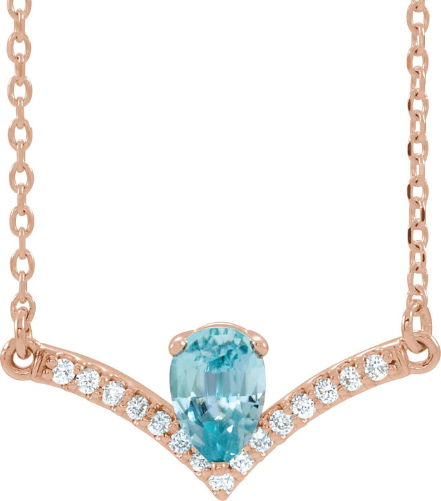 14K Gold Pear Natural Blue Zircon Accented V Necklace - Rose Gold