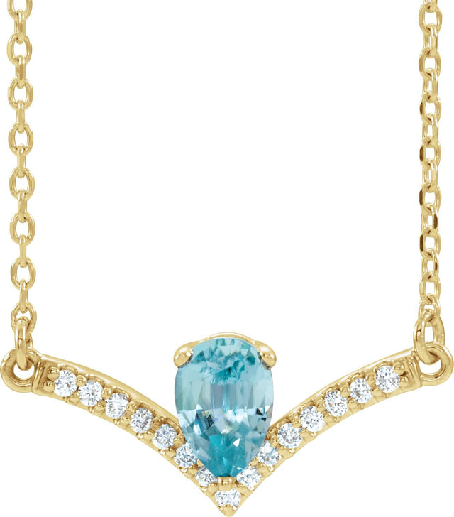 14K Gold Pear Natural Blue Zircon Accented V Necklace - Yellow Gold