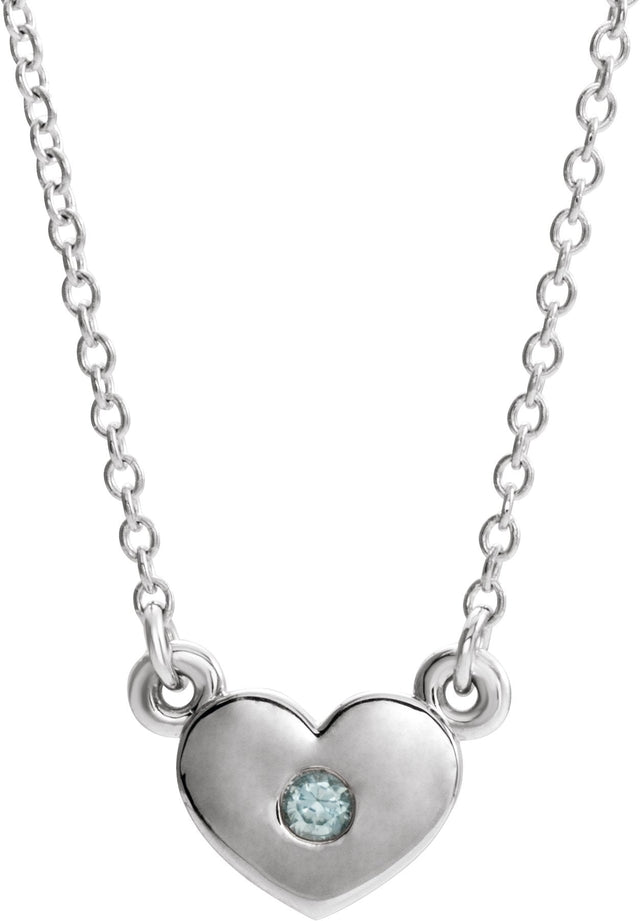 14K Gold Round Natural Blue Zircon Heart Necklace - White Gold