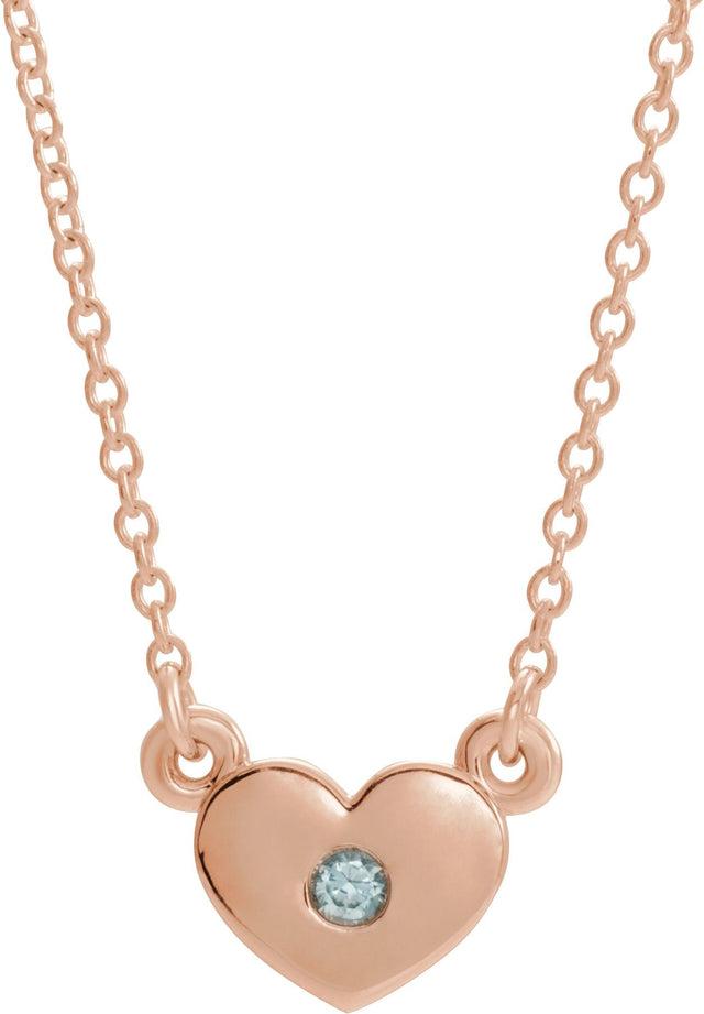 14K Gold Round Natural Blue Zircon Heart Necklace - Rose Gold