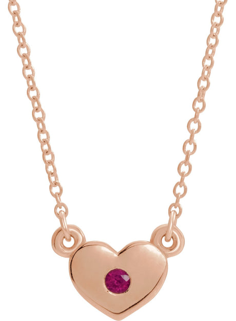 14K Gold Round Natural Ruby Heart Necklace - Rose Gold