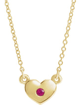 14K Gold Round Natural Ruby Heart Necklace - Yellow Gold