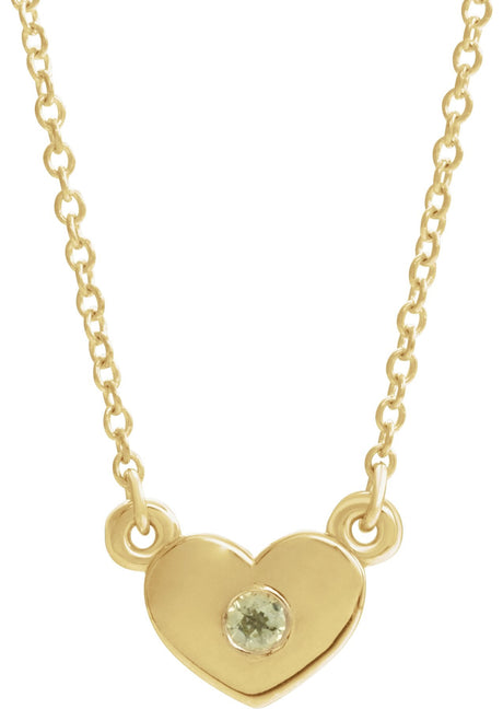 14K Gold Round Natural Peridot Heart Necklace - Yellow Gold