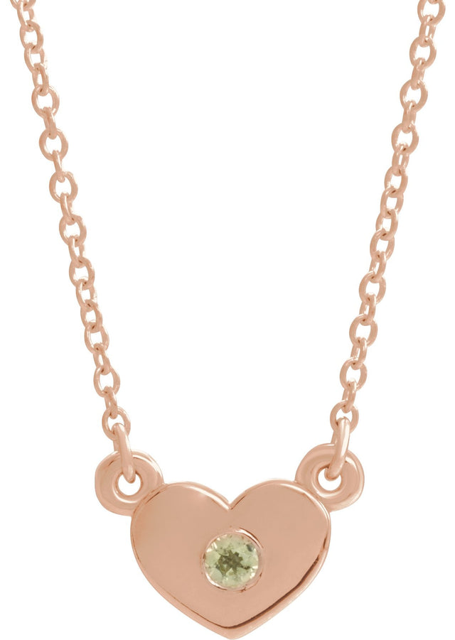 14K Gold Round Natural Peridot Heart Necklace - Rose Gold