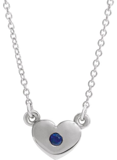 14K Gold Round Natural Blue Sapphire Heart Necklace - White Gold
