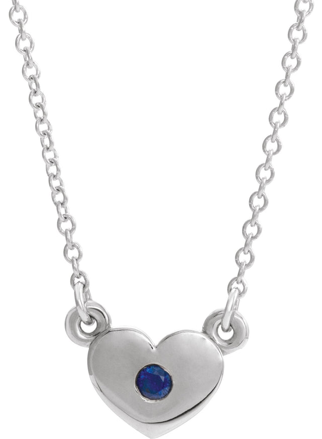 14K Gold Round Natural Blue Sapphire Heart Necklace - White Gold