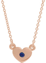 14K Gold Round Natural Blue Sapphire Heart Necklace - Rose Gold