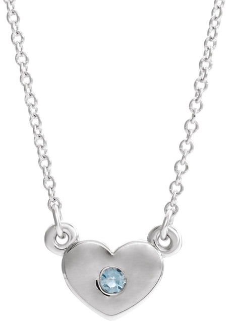 14K Gold Round Natural Aquamarine Heart Necklace - White Gold