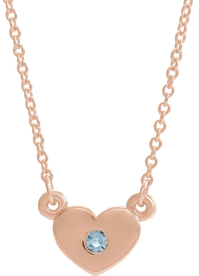 14K Gold Round Natural Aquamarine Heart Necklace - Rose Gold