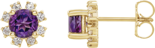 14K Gold Natural Amethyst Round 4-Prong Halo-Style Earrings - Yellow Gold