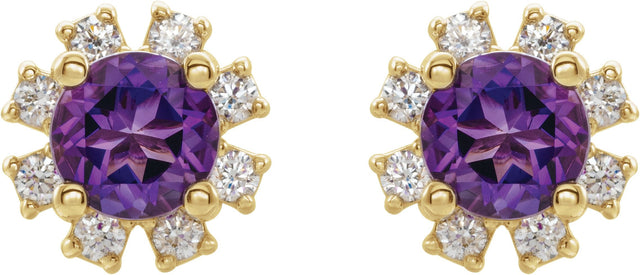 14K Gold Natural Amethyst Round 4-Prong Halo-Style Earrings - Yellow Gold - view 2