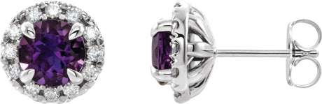Platinum Round Natural Amethyst French-Set Halo-Style Earrings