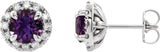14K Gold Round Natural Amethyst French-Set Halo-Style Earrings - White Gold