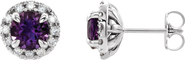 14K Gold Round Natural Amethyst French-Set Halo-Style Earrings - White Gold