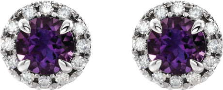 Platinum Round Natural Amethyst French-Set Halo-Style Earrings - view 2