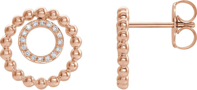 14K Gold Round Natural Diamond Beaded Circle Earrings - Rose Gold