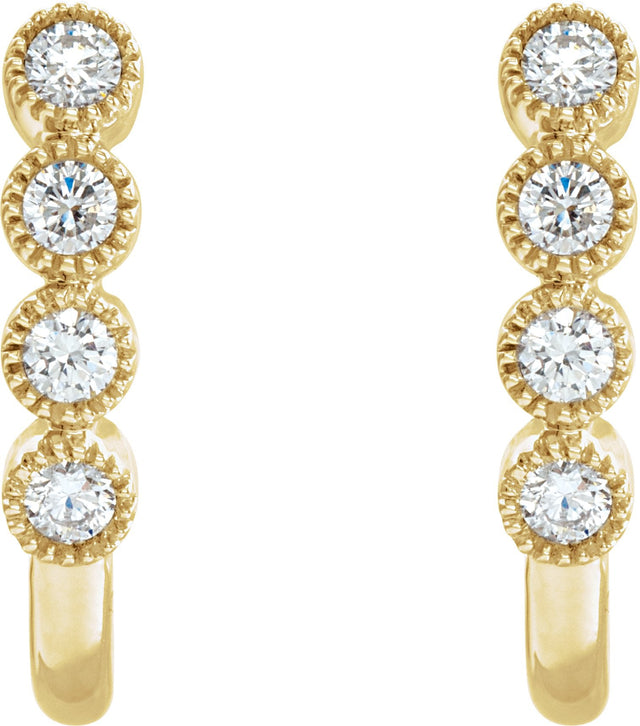 14K Gold Round Natural Diamond Accented J-Hoop Earrings – 2mm Stones - Yellow Gold - view 2