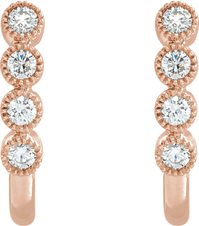 14K Gold Round Natural Diamond Accented J-Hoop Earrings – 2mm Stones - Rose Gold - view 2