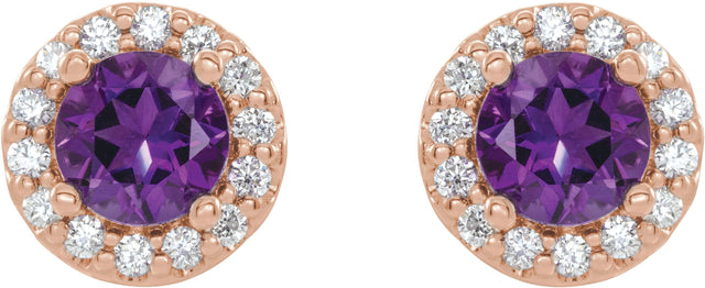 14K Gold Natural Amethyst Round 4-Prong Halo-Style Earrings – 3-8mm Stones - Rose Gold - view 4