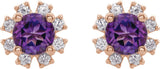 14K Gold Natural Amethyst Round 4-Prong Halo-Style Earrings - Rose Gold - view 2