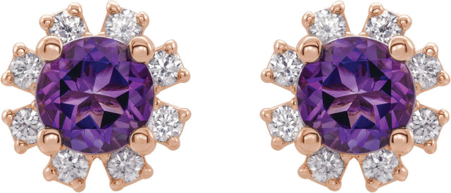 14K Gold Natural Amethyst Round 4-Prong Halo-Style Earrings - Rose Gold - view 2