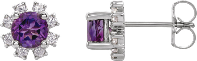 14K Gold Natural Amethyst Round 4-Prong Halo-Style Earrings - White Gold