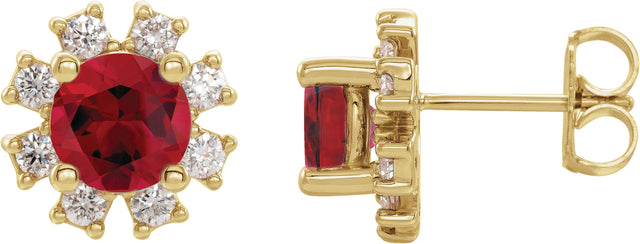 14K Gold Lab-Grown Ruby Round 4-Prong Halo-Style Earrings - Yellow Gold