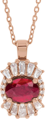 14K Gold Oval Natural Ruby Halo-Style Necklace or Pendant - Rose Gold