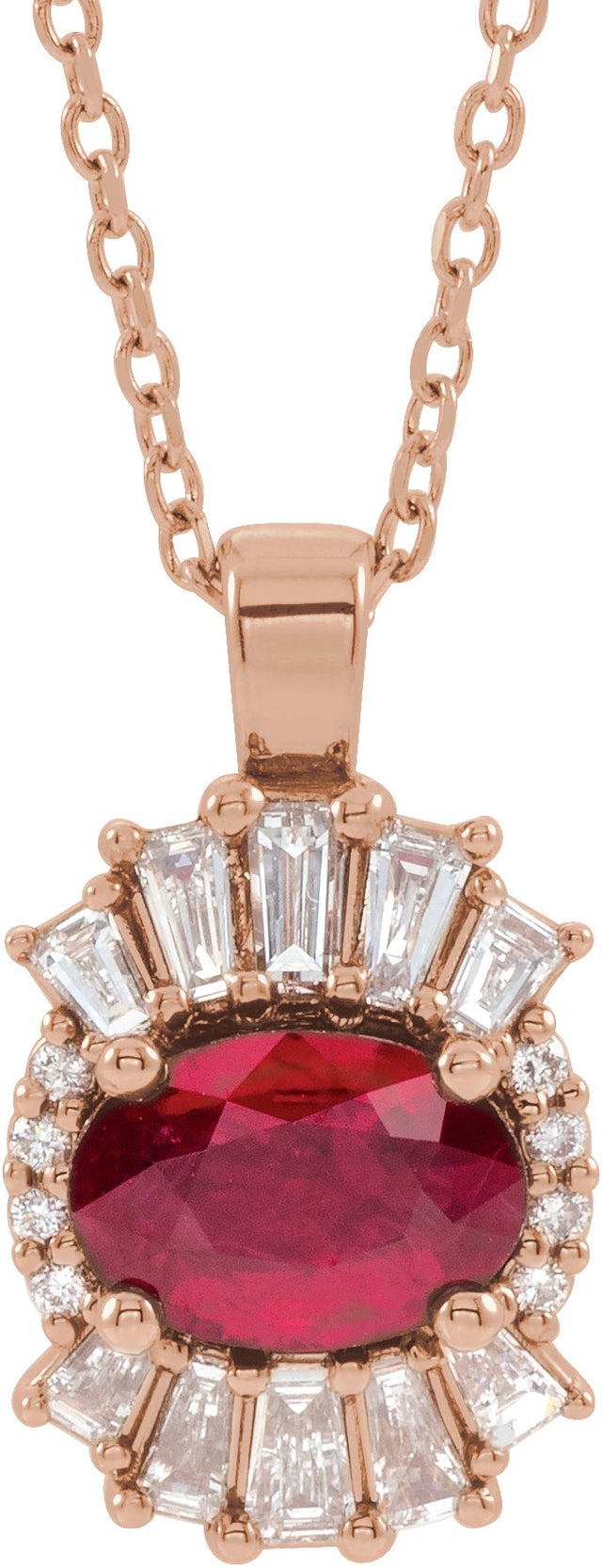 14K Gold Oval Natural Ruby Halo-Style Necklace or Pendant - Rose Gold