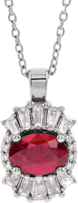 14K Gold Oval Natural Ruby Halo-Style Necklace or Pendant - White Gold