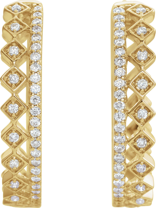 14K Gold Round Natural Diamond Geometric Hoop Earrings – 0.9mm Stones - Yellow Gold - view 2
