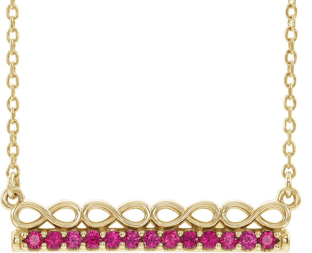 14K Gold Round Natural Ruby Infinity-Inspired Bar Necklace - Yellow Gold