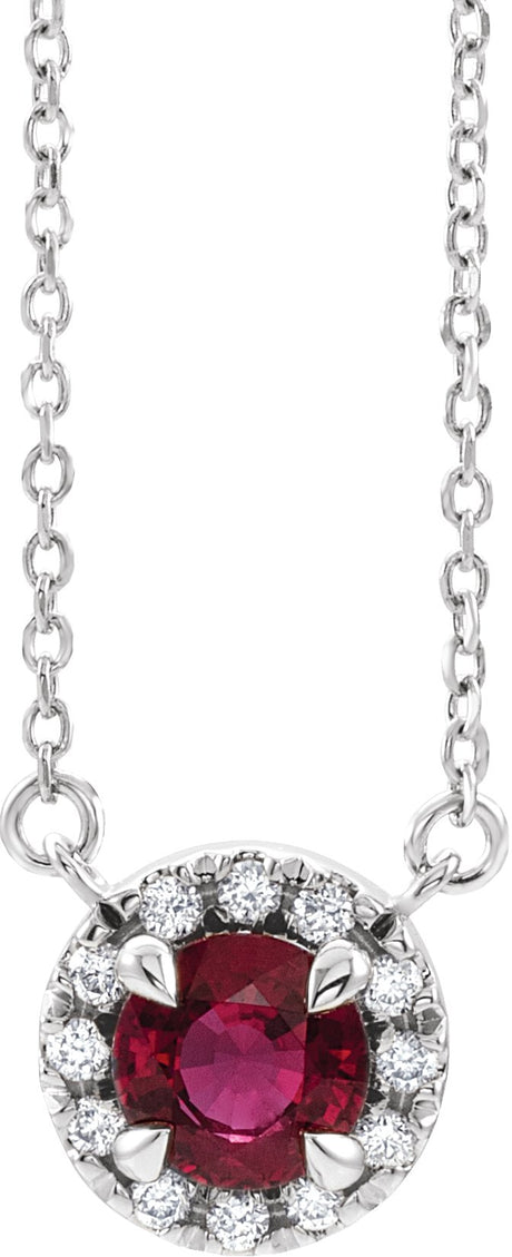 Platinum Round Lab-Grown Ruby Natural Diamond French-Set Halo-Style Necklace