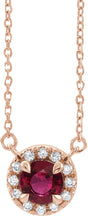 14K Gold Round Natural Ruby French-Set Halo-Style Necklace - Rose Gold