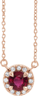 14K Gold Round Lab-Grown Ruby French-Set Halo-Style Necklace - Rose Gold