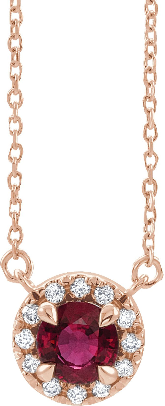 14K Gold Round Lab-Grown Ruby French-Set Halo-Style Necklace - Rose Gold