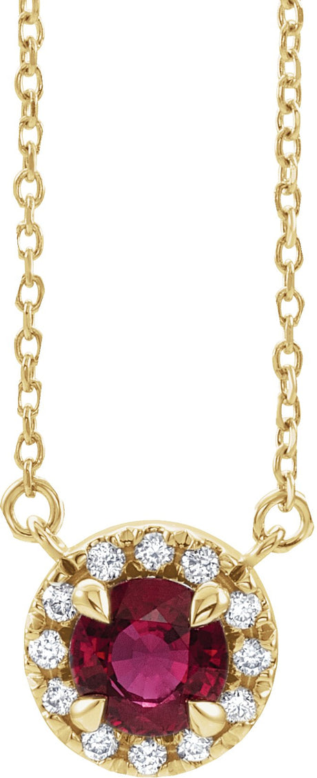 14K Gold Round Lab-Grown Ruby Natural Diamond French-Set Halo-Style Necklace - Yellow Gold