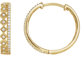 14K Gold Round Natural Diamond Geometric Hoop Earrings – 0.9mm Stones - Yellow Gold