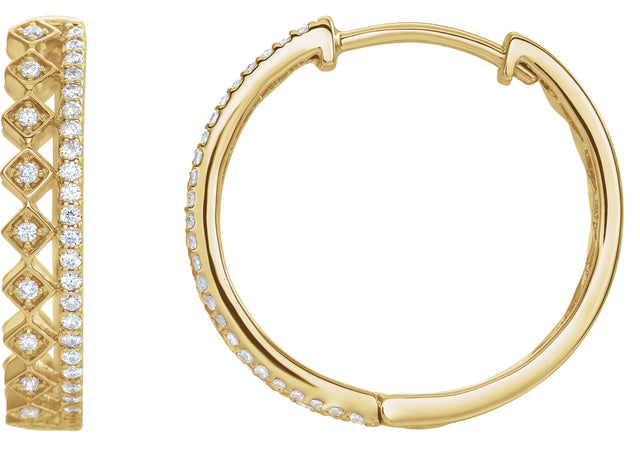 14K Gold Round Natural Diamond Geometric Hoop Earrings – 0.9mm Stones - Yellow Gold