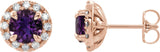 14K Gold Round Natural Amethyst French-Set Halo-Style Earrings - Rose Gold