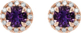 14K Gold Round Natural Amethyst French-Set Halo-Style Earrings - Rose Gold - view 2