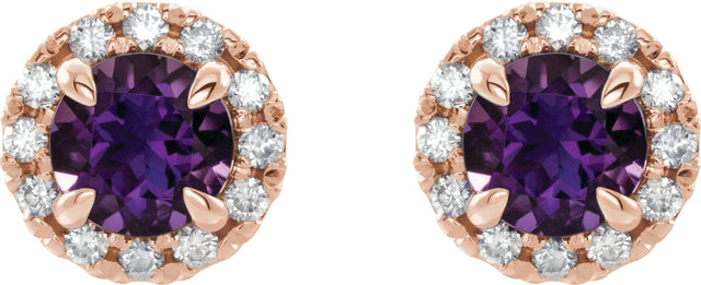 14K Gold Round Natural Amethyst French-Set Halo-Style Earrings - Rose Gold - view 2