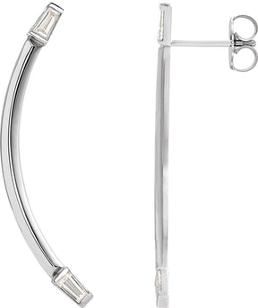 14K Gold Tapered Baguette Natural Diamond Baguette Accented Curved Bar Earrings - White Gold