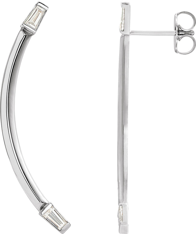 14K Gold Tapered Baguette Natural Diamond Baguette Accented Curved Bar Earrings - White Gold
