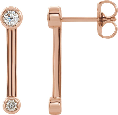 14K Gold Round Natural Diamond Bezel-Set Bar Earrings – 2.7mm Stones - Rose Gold