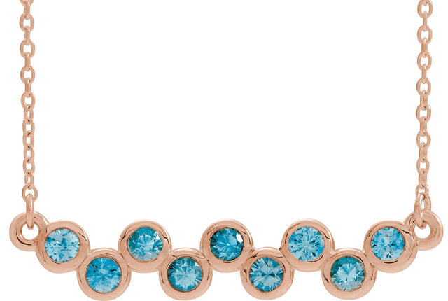 14K Gold Round Natural Blue Zircon Bezel-Set Bar Necklace - Rose Gold